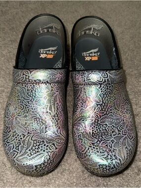 Dansko Iridescent Lace-Pattern Clogs in Multi-Silver
